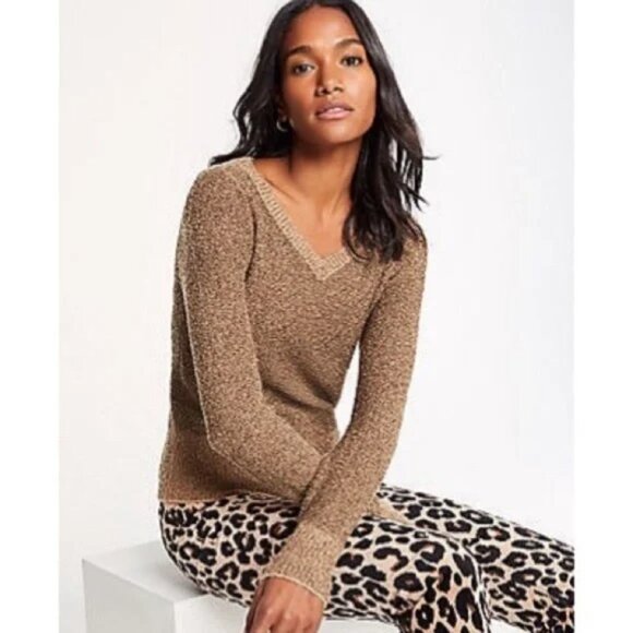 Ann Taylor Gold Metallic Shimmer V Neck Sweater S - Picture 1 of 16